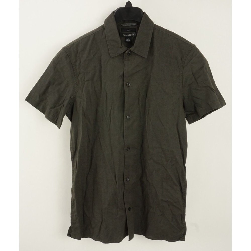 New Treasure & Bond Men's Small Trim Charcoal‎ Gray Linen Cotton Button Up Shirt